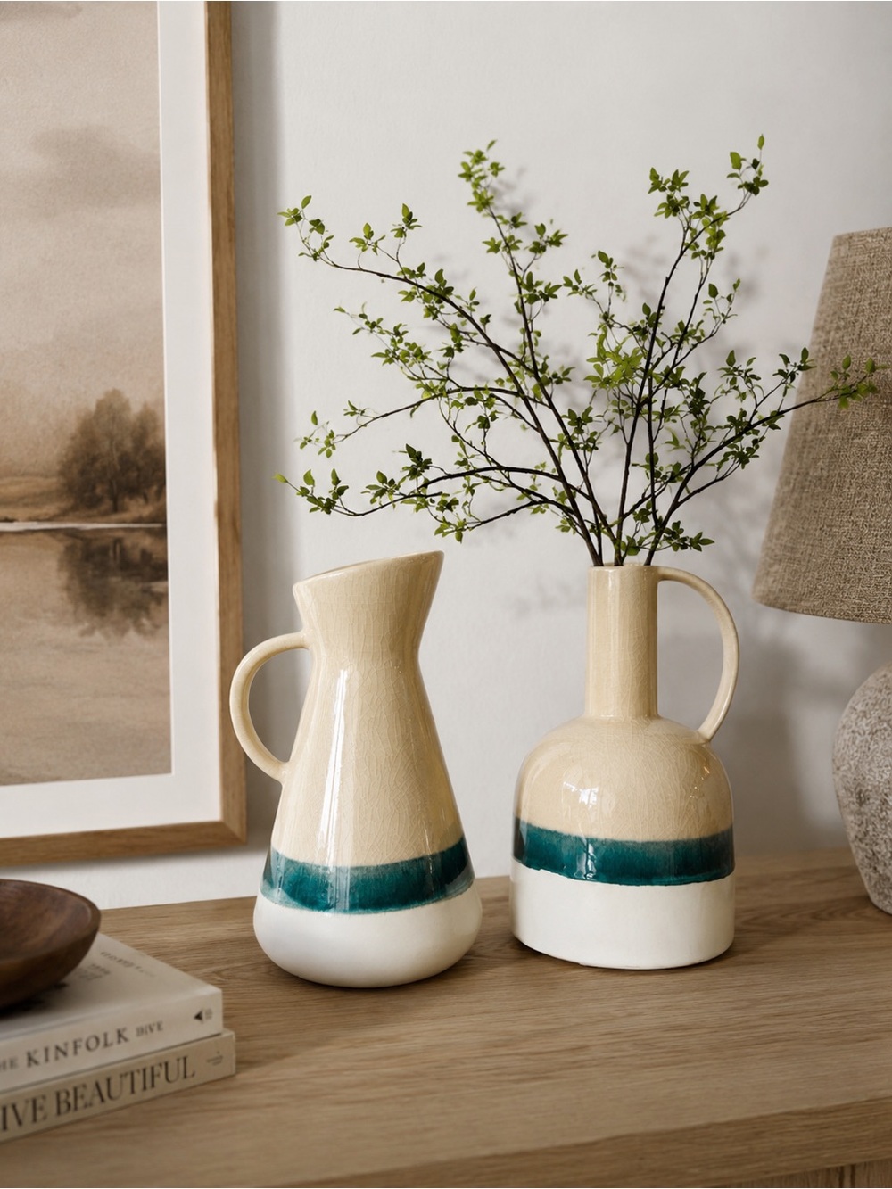 Cream & Teal Pier 1 Ceramic Decorative Vases – Set of 2